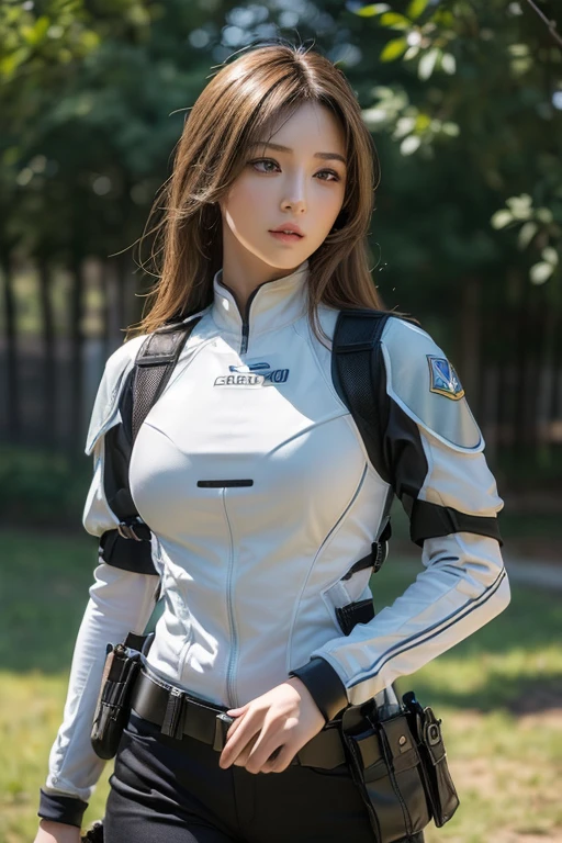(masterpiece, high quality, lifelike, Ultra realistic, Remarkably high quality, photorealistic:1.5), Anime Woman Wearing a combat Body Armor Bulletproof vest minimalist logo design bright colors, high quality, extreme quality, super detailed 