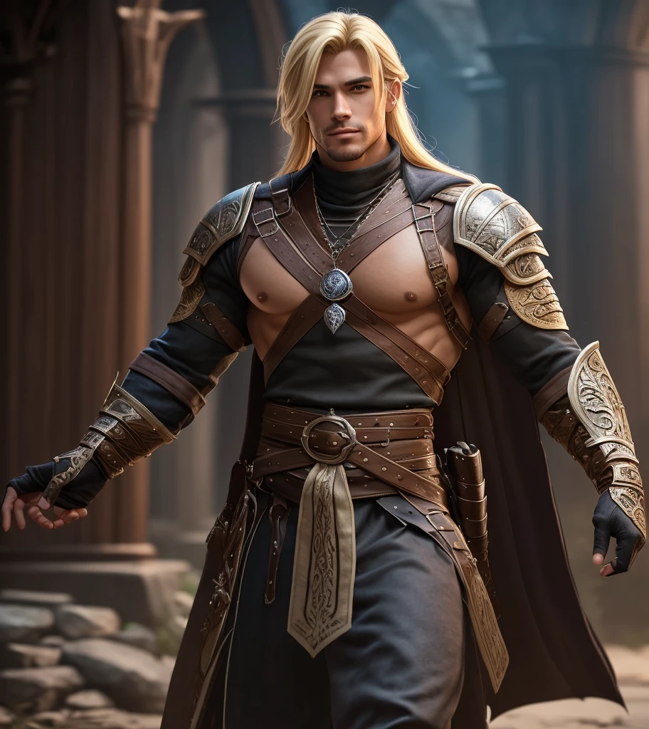 (((Solo character image.))) (((Generate a single character image.))) (((Dressed in medieval fantasy attire.))) (((18 years old.))) (((18yo.))) (((Dressed in medieval fantasy attire.))) (((Body of a male fitness model.))) Cute guy. Hot guy. (((Looks like Adonis.))) (((Dressed in medieval fantasy attire.))) (((Intense, sexy stare.))) (((Beautiful long sexy blond hair.))) (((Beefcake body.))) Looks like a fun-loving and heroic male adventurer for Dungeons & Dragons. Looks like a very attractive male adventurer for a high fantasy setting. Looks like a handsome and rugged male adventurer for Dungeons & Dragons. Looks like a handsome male for a medieval fantasy setting. Looks like a Dungeons & Dragons adventurer, very cool and masculine hair style, black clothing, handsome, charming smile, adventurer, athletic build, excellent physique, confident, gorgeous face, gorgeous body, detailed and intricate, fantasy setting,fantasy art, dungeons & dragons, fantasy adventurer, fantasy NPC, attractive male in his mid 20's, ultra detailed, epic masterpiece, ultra detailed, intricate details, digital art, unreal engine, 8k, ultra HD, centered image award winning, fantasy art concept, digital art, centered image, flirting with viewer, best quality:1.0,hyperealistic:1.0,photorealistic:1.0,madly detailed CG unity 8k wallpaper:1.0,masterpiece:1.3,madly detailed photo:1.2, hyper-realistic lifelike texture:1.4, picture-perfect:1.0,8k, HQ,best quality:1.0,, best quality:1.0,hyperealistic:1.0,photorealistic:1.0,madly detailed CG unity 8k wallpaper:1.0,masterpiece:1.3,madly detailed photo:1.2, hyper-realistic lifelike texture:1.4, picture-perfect:1.0,8k, HQ,best quality:1.0,