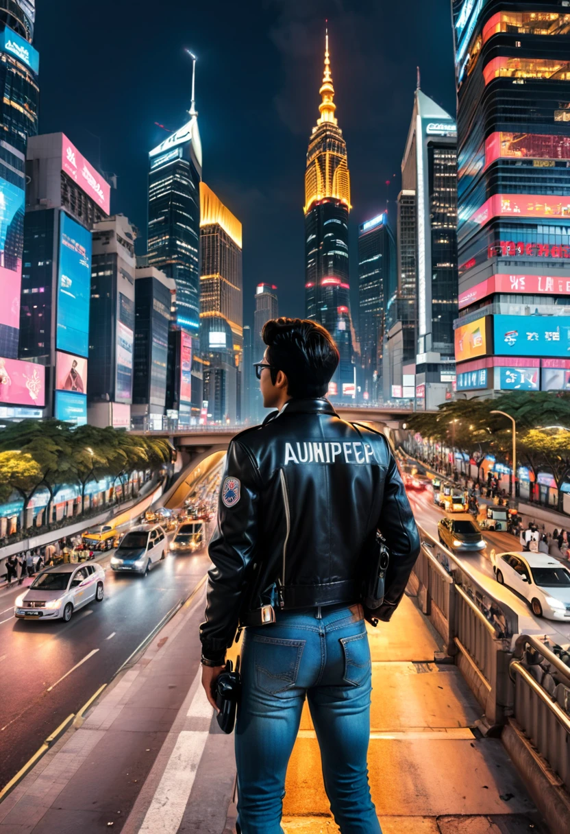 (Back View:1.2), The observer of the city, the bustling city center, towering skyscrapers rising from the ground, bustling with traffic, surging crowds, and flashing neon lights, constitute a busy picture of a modern city. A photographer with a camera on his back, wearing a fashionable jacket and jeans, stood on the overpass, holding a camera in his hand, and his camera was aimed at the street below. He constantly adjusts his angle, searching for the best shooting opportunity, hoping to capture the most realistic and vivid moments of this city. His gaze revealed a love and pursuit for the art of photography, (masterpiece, best quality, Professional, perfect composition, very aesthetic, absurdres, ultra-detailed, intricate details:1.3)