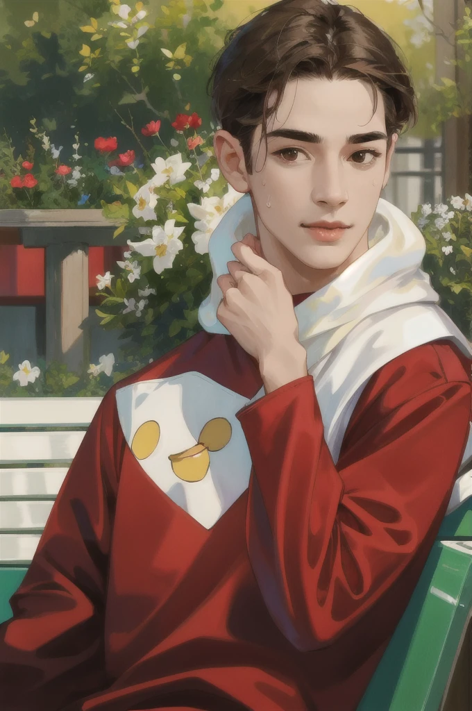 (masterpiece, ultra high res, 16k uhd, high quality), low key, commute, ad, tv, standing, looking at viewer, thisrt "cufank" masterpiece, in the restaurant, sitting, (brown hair), black eyes, turn to the back, smile, Seoul, (small head), Precise human body structure, Precise hand structure, (duck egg face), Light-colored clothing, red coat, yellow top, Unity 16K Wallpapers, Concept Art, A person, 8K eyes, Grassland, Dress, Park, Bench, Pigeons, (((mature male))), ((big eyes:1.3)), (short hair), ((1 American mixed-race man)), Sweatpants, (Realistic face:1.8), Wide Shoulders, Single, (whole body:1.6), android 18,