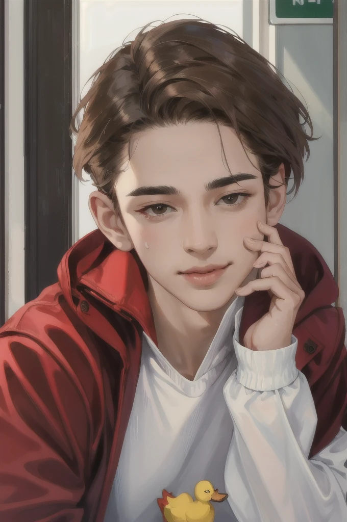 (masterpiece, ultra high res, 16k uhd, high quality), low key, commute, ad, tv, standing, looking at viewer, thisrt "cufank" masterpiece, in the restaurant, sitting, (brown hair), black eyes, turn to the back, smile, Seoul, (small head), Precise human body structure, Precise hand structure, (duck egg face), Light-colored clothing, red coat, yellow top, Unity 16K Wallpapers, Concept Art, A person, 8K eyes, Grassland, Dress, Park, Bench, Pigeons, (((mature male))), ((big eyes:1.3)), (short hair), ((1 American mixed-race man)), Sweatpants, (Realistic face:1.8), Wide Shoulders, Single, (whole body:1.6), android 18,