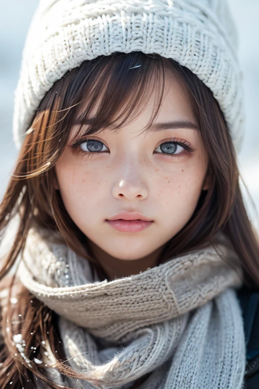 one girl, (a beauty girl, delicate girl:1.3), (22 years old:1.3),
break, (scarf, Knitted hat:1.3),
break, Definition of very fine particles, (Symmetrical eyes:1.3),
break, (Snow Scene:1.3),
break, Small breasts, Parted bangs, Brown Hair, girl,
break, (Eye and facial details:1.0),
break, (masterpiece, highest quality, Very detailed, Detailed face, 8k)、Open your mouth a little、Close your eyes、Close ~ eyes、Look Up、High angle、Drooping eyes、freckles、Round Glasses