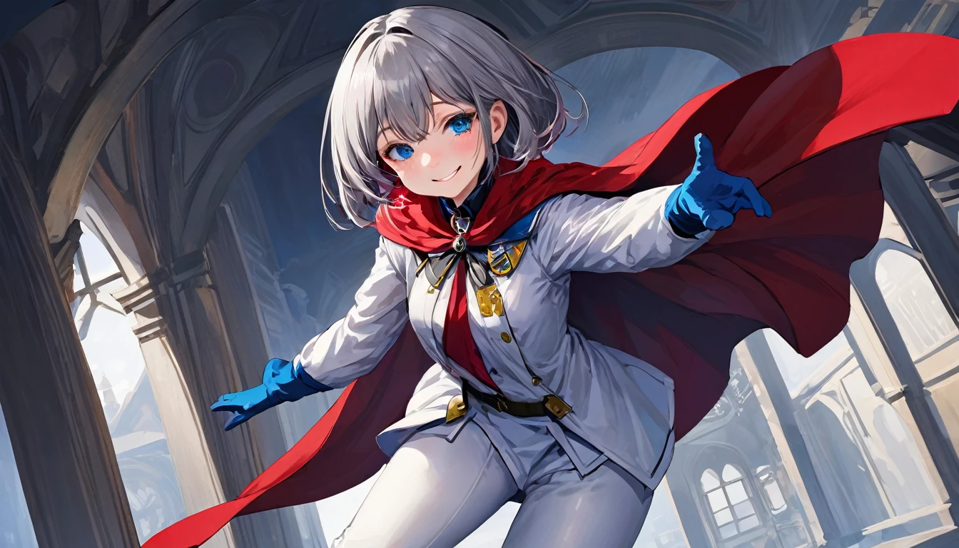 ,colorful,(masterpiece:1,2), highest quality, masterpiece, High resolution, original, Highly detailed wallpaper, One girl ,smile,alone, Grey Hair, blue eyes, original_Costume,Red Cape,White pants, gloves, chest, uniform, large chest