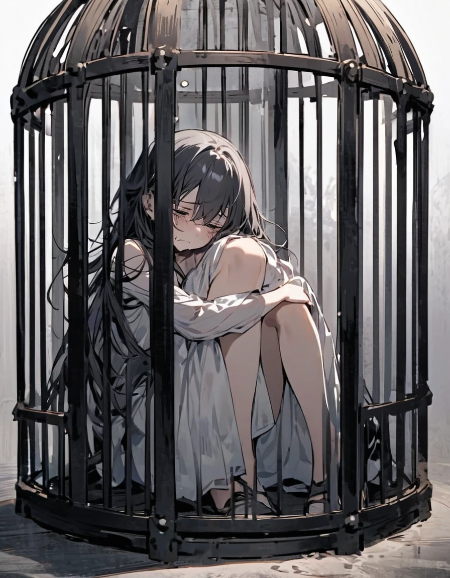 Inside the cage, there is a girl named Lilith. She is sitting in the corner of the cage, hugging her knees. Her expression shows sadness and despair. Lilith is a slave who looks weak and thin.