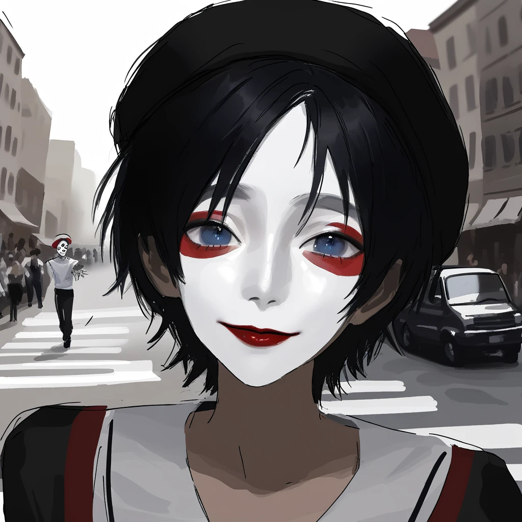 a very happy skinny boy dressed up as a mime, wearing mime makeup, has dark blue eyes, wearing a beret, performing on the streets, shading, realism, sketchy lines, masterpiece