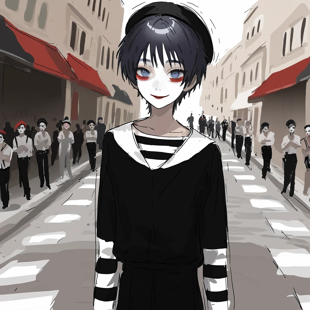 a very happy skinny boy dressed up as a mime, wearing mime makeup, has dark blue eyes, wearing a beret, performing on the streets, shading, realism, sketchy lines, masterpiece