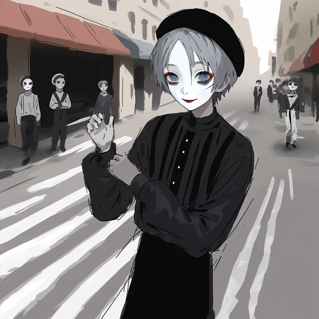 a very happy skinny boy dressed up as a mime, wearing mime makeup, has dark blue eyes, wearing a beret, performing on the streets, shading, realism, sketchy lines, masterpiece