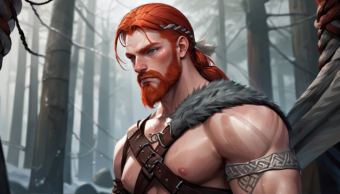 Redhead man, Skin scars, Viking, Viking clothing, strong, Muscular, Serious expression, RPG Art Style, Fantasy art style