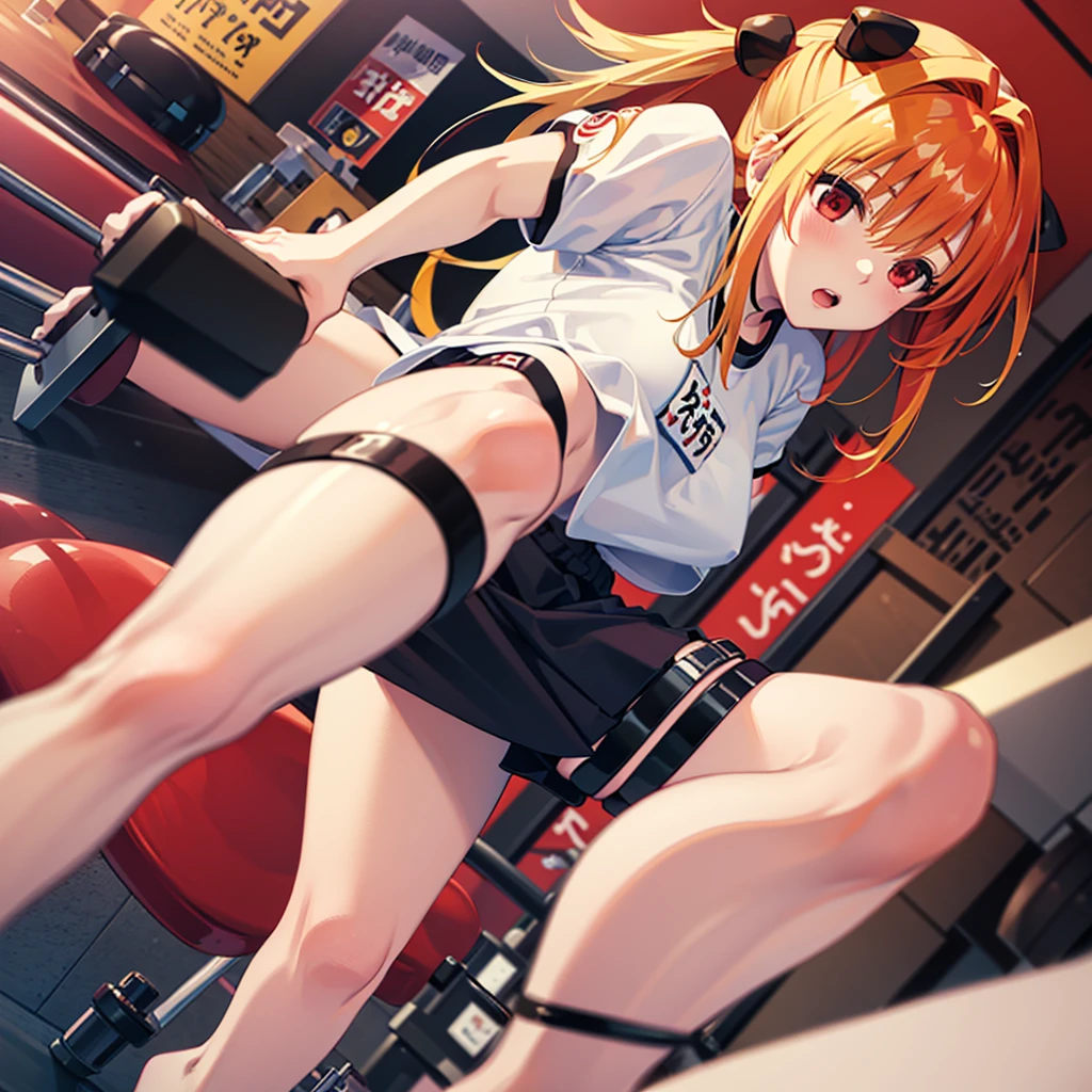 masterpiece, best quality, highres, aayami, very long hair, two side up, hair ornament,(gym uniform,red buruma, white shirt, short sleeves, thighs:1.3), indoors, locker room,