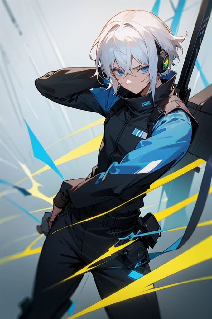  adult, Male, white hair, blue Eyes, Dark Skined, black jumpsuit, headphones, Trion Body, Armed.