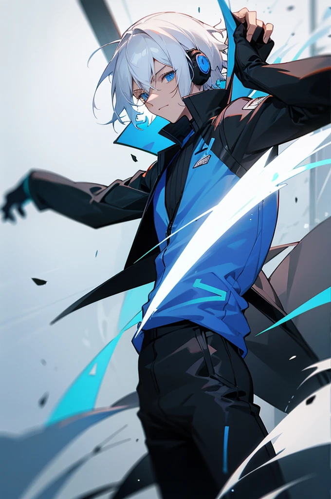 Young adult, Male, white hair, blue Eyes, Dark Skined, black jumpsuit, headphones, Trion Body, Armed.