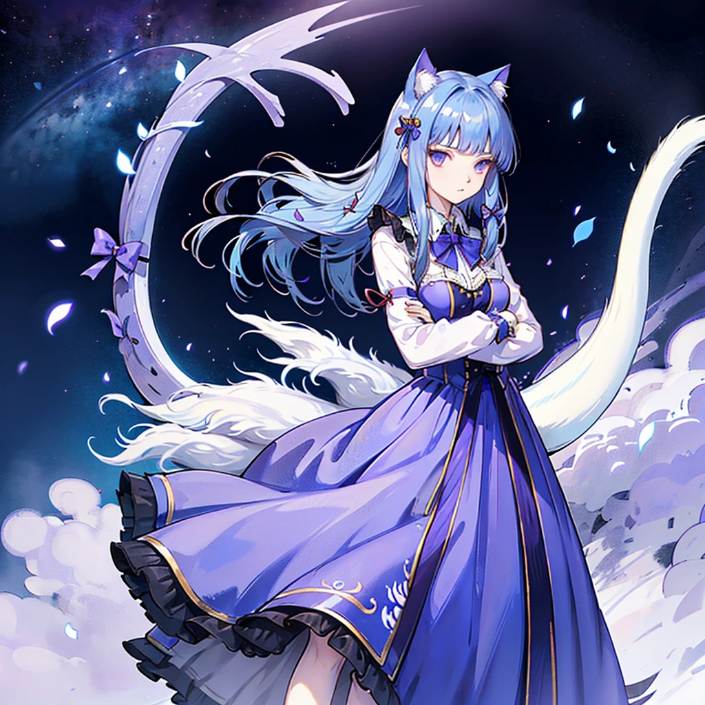1girl, frederica bernkastel, bangs, blue bow, blue hair, blunt bangs, bow, breast hold,  cat tail, crossed arms, dress, long hair, long sleeves, purple eyes, simple background, solo, tail bow, tail ornament, tail raised, tail ribbon