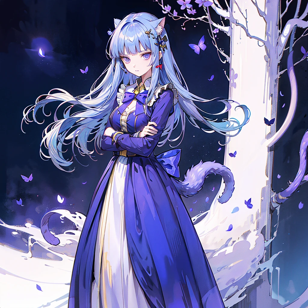 1girl, frederica bernkastel, bangs, blue bow, blue hair, blunt bangs, bow, breast hold, cat tail, crossed arms, dress, long hair, long sleeves, purple eyes, simple background, solo, tail bow, tail ornament, tail raised, tail ribbon