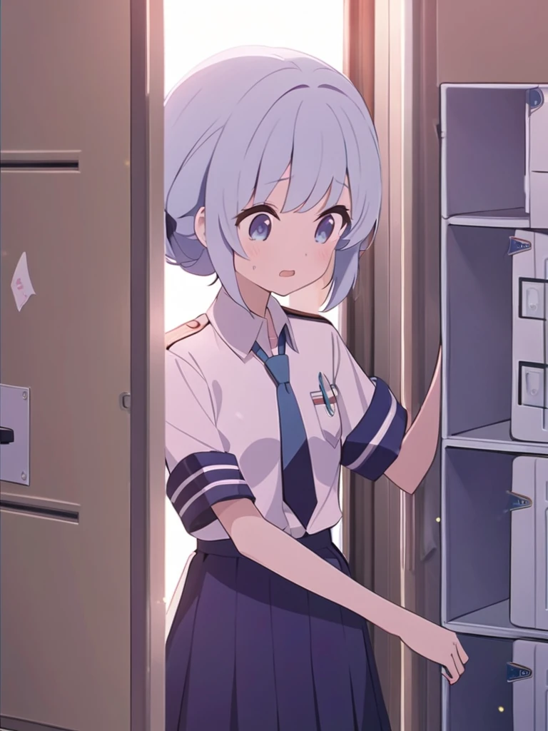 A girl wearing a uniform、In the locker room、Blue Hair、Small breasts、Taking clothes out of the locker、I'm a little surprised