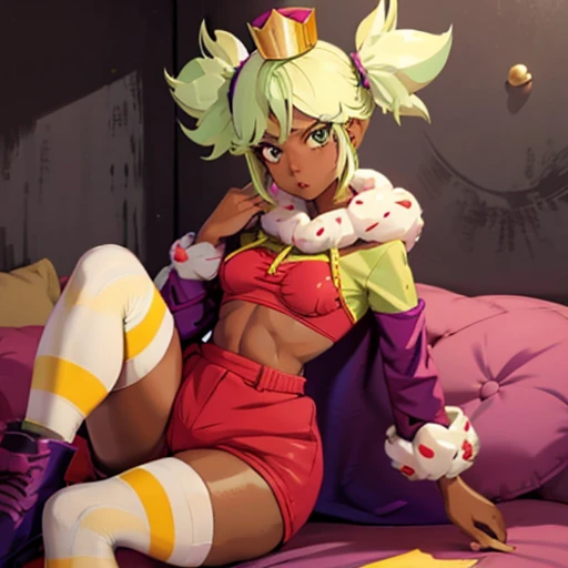 mandyBS, solo, 1girl, dark skin, dark-skinned female, green hair, blonde hair, short hair, short twintails, mini crown, cape, ,Red bra , high-waist shorts, red shorts, striped thigh highs, shoes, purple footwear,sexy body, curvy butt, small breast, looking very cute and gorgeous 