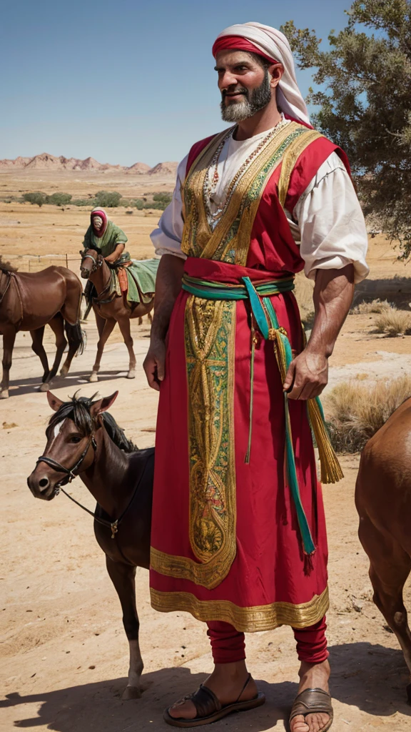 Characters: Job, Description: a robust-looking man of 49 years young from hard work, restored and blessed, Era: ancient biblical times, Clothing: traditional Middle Eastern attire, Location: a lush and prosperous land, Action: celebrating with his new family and wealth, Background: vibrant fields and numerous livestock, Shot type: wide shot, Style: hyper-realistic, photo realism, cinematography