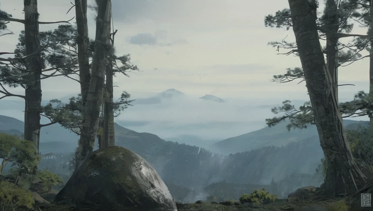 Illustration of a large round rock blocking a mountain path、forest