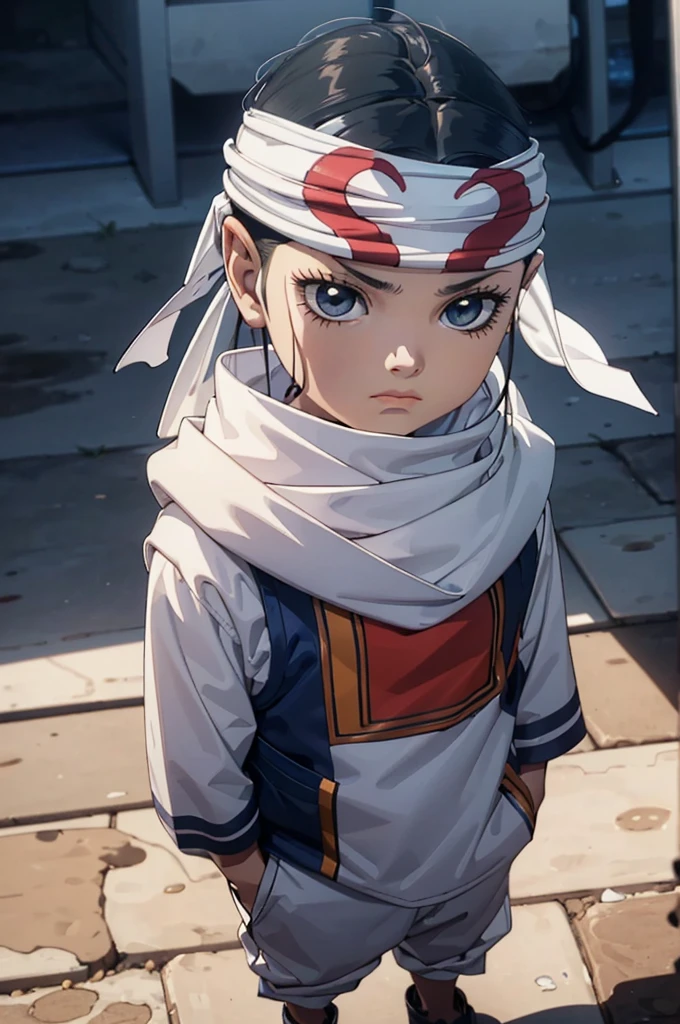 Detailed face Looking at viewer emotionless eyess emotionless expressionless Beautiful kid face quality clothing Extremely beautiful cute kid 7ar old kid kid body extremely detailed clothing expensive cowl bandana on forehead profile image full body image style beautiful kid face side view ultra cute face kid beautiful kid kid like face 1080 16k very_high_resolution