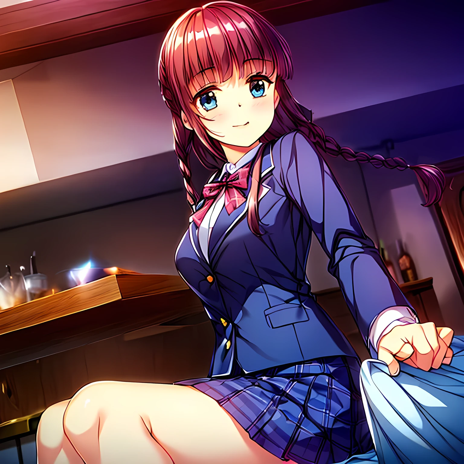 (highest quality, masterpiece:1.2), highest quality, High resolution, 1080p, 8K, Height: 158cm, ((High-definition anime-style game CG)), ((In the Dark、The game heroine is a very intelligent, very noble, pretty and neat beautiful girl sitting、Turning to the side and showing her best smile)), He tries to hide his shocked mouth with his hands., A face that everyone loves, Glossy lips, Even bangs, Double, Long eyelashes on both the top and bottom, Wide-open blue eyes, detailed in detail, The very large red shiny wide ribbon bowtie is very cute., ((Black Hair)), ((long twin braids)), (((A long, neat, dark navy blue checked pleated skirt))), (((Dark blue winter long sleeve blazer))), How to wear a neat uniform, Extremely lustrous, shiny game heroine lips, ((Mouth open)), Ribbon in hair, Tight waist, slender, The ribbon is big and very pretty., Beautiful hair like a hair model, The background is completely dark, Mature facial features, The hair is very shiny and realistic, The skirt is long and very photorealistic