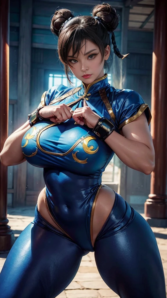 1 garota gostosa, chinesa, chun li, (rosto perfeito), symmetrical features of the face, olhos detalhados, olhos azuis, (detailed facial features), labios bem definidos, Nariz fornecido, (white face makeup with powder blush, eye makeup with black eyeshadow and false eyelashes, pink lipstick outlined), cabelo preto, penteado da chun li, seios grandes, (pele suave e macia), seios redondos com silicone, (mamilos enxados), (Corpo fitnes), (bunda grande), (coxas grossas), (((perfect hands))), textura de pele 3d, personagem consistente, ((fighting pose)), (((wearing chun li clothes from street fighter))), traje bem feito, Mulher madura, sexy, (traje detalhado), (in a village in china with lots of colorful trees around), ((fundo extremamente detalhado))), melhor qualidade, 3D-rendering, ultra-high resolution, surrealismo, Realismo, clear lighting, luz e sombras cinematografica, cores vibrantes, foco nitido, contraste adequado, ray tracing, Fujicolor, Hard disk, super detalhe, detalhes altos, 16k