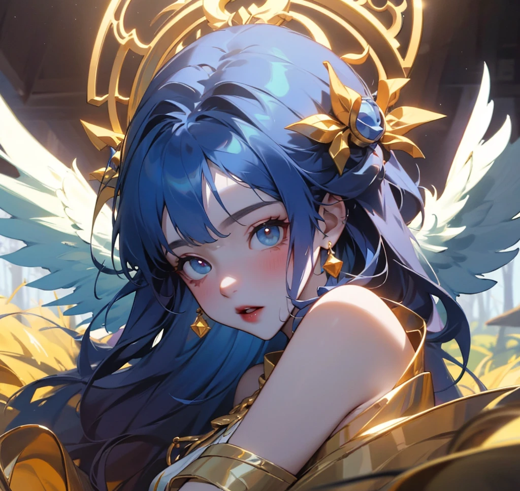 (Alta calidad) (mejor calidad) (Una mujer) (correct physiognomy) mujer, Cabello rubio y largo con flequillo en la frente., four little angel wings coming out of his head, dos en el lado izquierdo y dos en el lado derecho, two angel wings coming out of his back, a golden halo behind his head, ojos dorados, Labios sensibles, Mediana edad, vestido blanco con tirantes en los hombros, falda cortada en diagonal dejando una pierna expuesta, location of the photo the woman must be in the middle of the forest, photo lighting sunlight, full body proportion, mostrando en la foto el cuerpo desde la cabeza hasta el torso