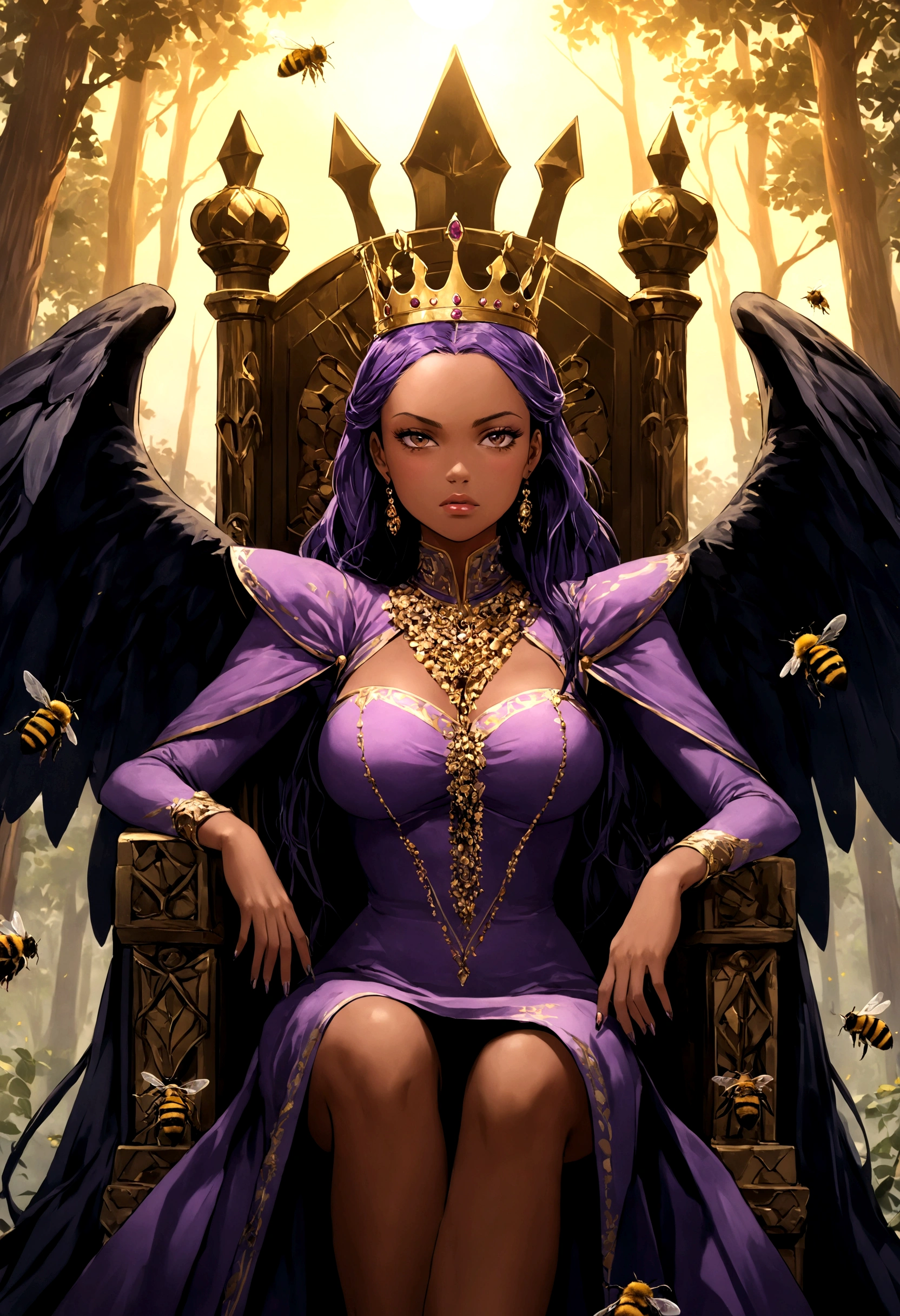 1 crowned queen sitting on a throne, dark skin, purple clothes, purple hair drills, tight dress, bees flying around, forest backgroung, sunset, throne, busty, imposing scary expression, looking down