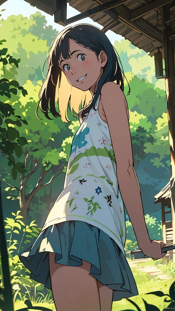 reasonable design, Clear lines, High Sharpness, (highest quality,4k,Perfect sharpness,Ultra fine,High resolution,masterpiece:1.2), Perfect Anatomy:1.5, Official Art, Illustrations that tell a story, (Whitish background:0. 9)、Body Positivity、More Mr.Physical expression、(Random and mischievous poses)、Perfect beauty、Perfect beautiful face、Strong winds、A rich expression、Dynamic composition、smile、Golden ratio composition、colorful、(Mr.Different angles and perspectives)、Anime Art、mini skirt、(Overcoming stereotypes)、 Glowing Skin、(Natural beauty)、smile、bangs、Straight Hair、(Soft and flowing hair)、(Rural Scenery)、(Nostalgic atmosphere)、Insert up to the thighs、(Playful and carefree)、(More Mr.Ethnic characters)、(innocent attitude)、(Sunny atmosphere)、Skirt flipped up、(Bright colors)、Belly button exposed、Beautiful Eyes、A skirt fluttering in the wind、Put it in to your feet、Some composition patterns、Tank top、Angle from behind、Angle from below、