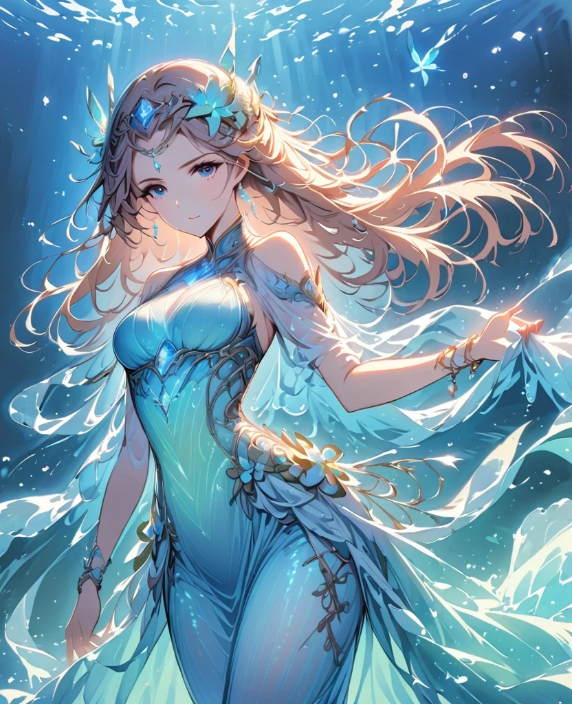 (((((ocean water:0.8))) woman sitting, on a rock, ((( tidal wave:0.7))) in the background), aqua green hair, flowing in the wind, aqua blue dress, (seaweed wrapping around dress), ((water splashing in the background), (fierce expression), (powerful thighs), (flexed calves), (tentacles curled around arms), (jewels on the chest), young UNIXA_schedule GJ71LiVi9Venta8Namička texture)!!!