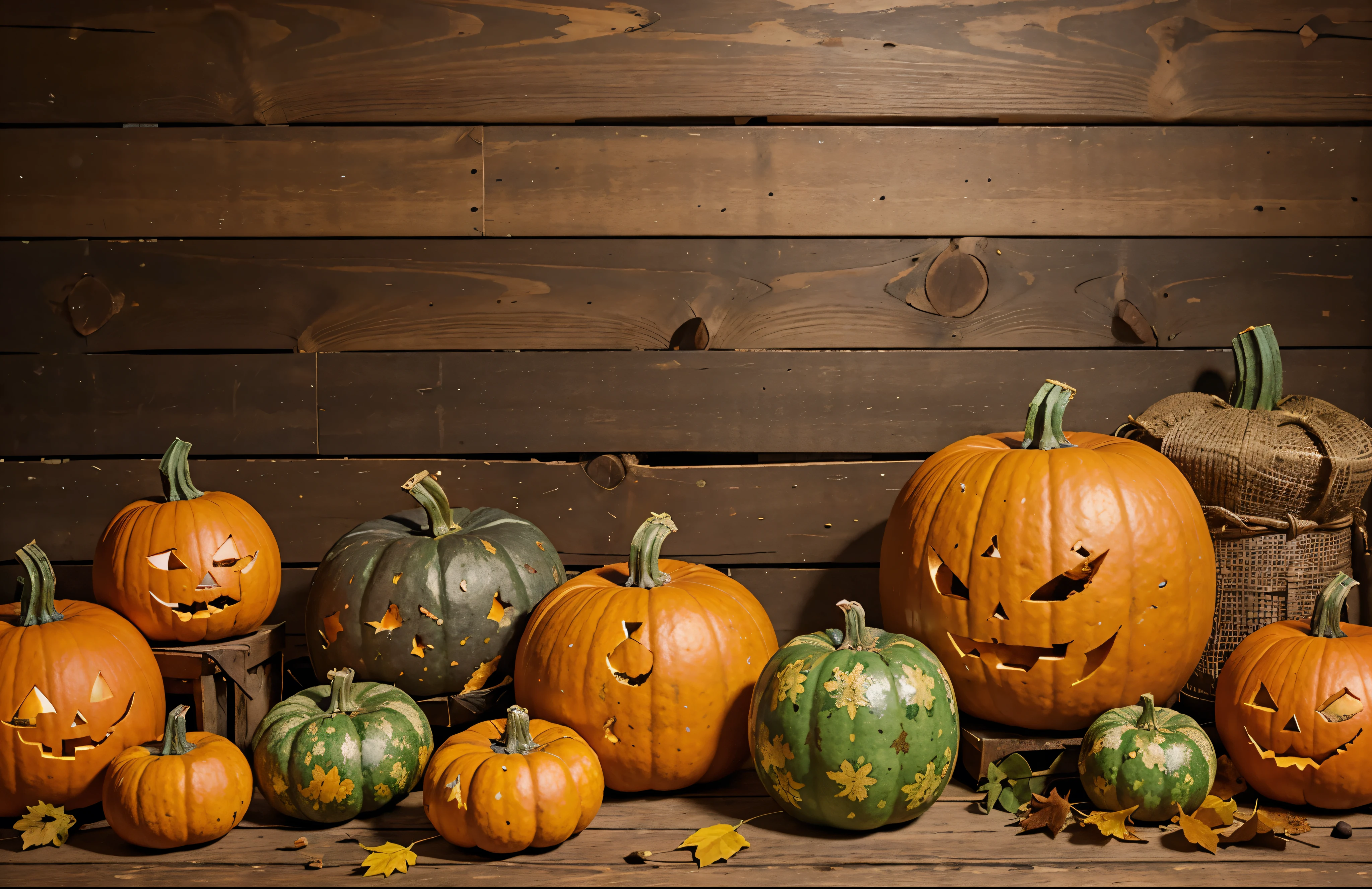 A colorful display of pumpkins, pumpkins and leaves sitting in a row on wooden background. Space for text.