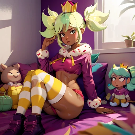 mandyBS, solo, 1girl, dark skin, dark-skinned female, green hair, blonde hair, short hair, short twintails, mini crown, cape, ,Red bra , high-waist shorts, red shorts, striped thigh highs, shoes, purple footwear,sexy body, curvy butt, small breast, looking very cute and gorgeous, painted lips,, bedroom background