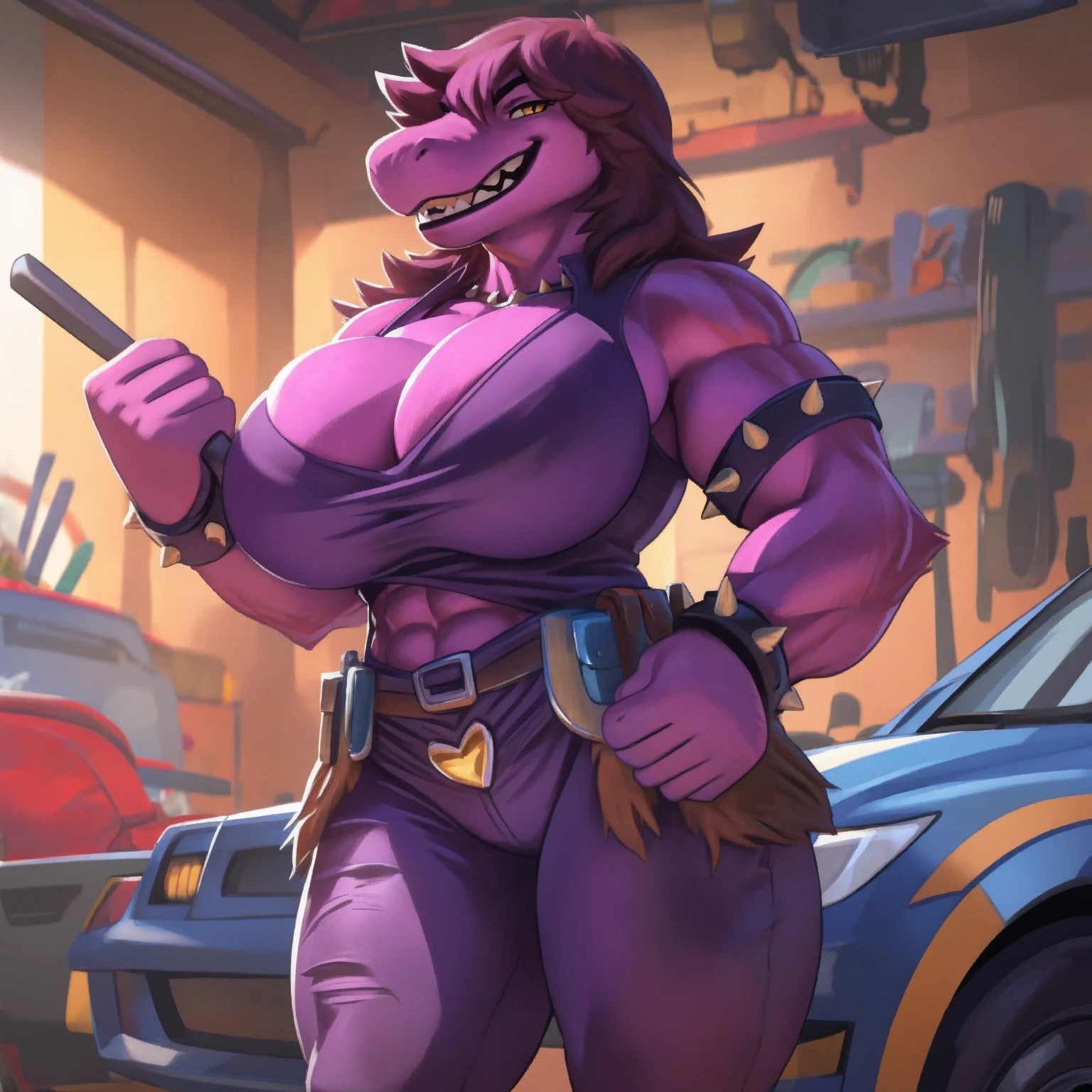 (Solo:1.2), susie deltarune, smooth skin, 1girl, (female:1.5), susie, reptilian, dark hair, messy hair, yellow eyes, muscular, chunky, stocky, thickset, (huge breasts:1.2), cleavage, broad shoulders, wide hips, huge ass, short tail, (nipple outline:0.85), thick legs, bare midriff, abs, muscular thighs, standing upright, casual posture, (laughing), hands at her sides, dirty tank top, spiked bracelets, jeans, (heart shaped gold belt buckle:1.2), looking at viewer, yellow teeth, uploaded to e621.net, masterpiece, 8k, realistic textures, realistic lighting, highly detailed, (tool belt:1.5), mechanic, indoors, garage, workshop, cars in background, by darkgem, by BNG,