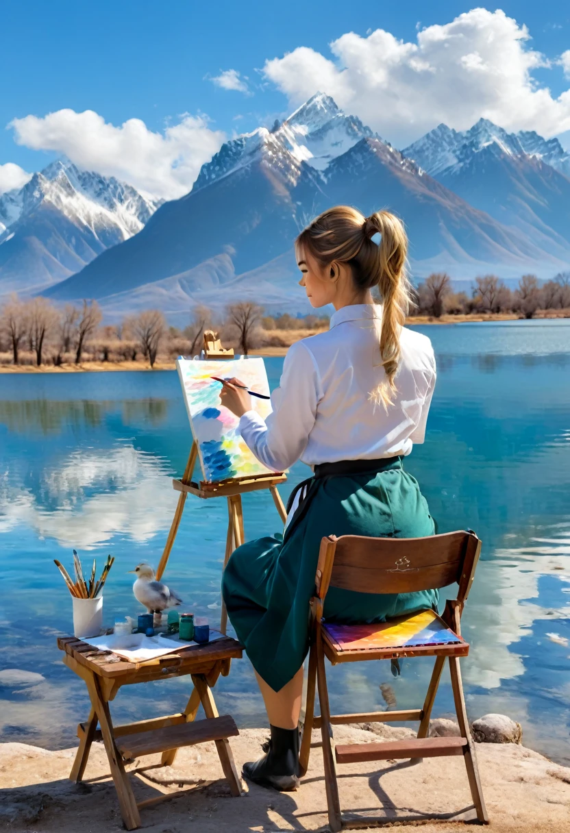 (Back View:1.2), winter, The painter by the lake, on the tranquil lakeside, the blue sky and white clouds are reflected on the water surface. A few wild ducks leisurely swim, and the distant mountains outline a natural ink painting in the lake water. A woman dressed in an artist's work uniform sat on a folding chair, with a canvas and a row of colorful paints in front of her. She was completely engrossed in waving her animated pen, trying to capture every detail of the beautiful scenery before her. Her hair was casually tied into a ponytail, and a few strands of hair gently brushed against her face with the gentle breeze, (masterpiece, best quality, Professional, perfect composition, very aesthetic, absurdres, ultra-detailed, intricate details:1.3)