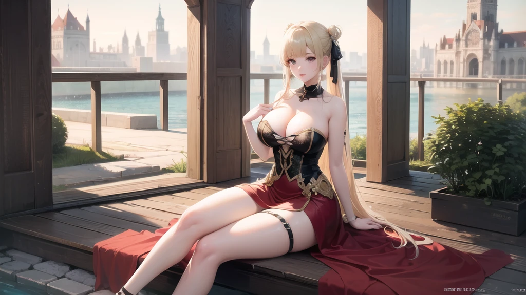 (((masterpiece, best quality))), (((superior quality))), cute girl, ((extremely detailed girl)), ((huge breasts)), (fancy noble dress), strapless top, twin-tail blonde, cleavage