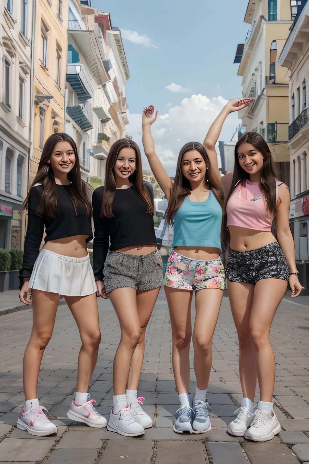 Please generate 5 female models , who have sneakers on their feet, They stand in a semicircle, they are removed from below so that your feet in sneakers are clearly visible, smiles on faces, girls are very beautiful with long hair, Slavic appearance, they are outside they are having fun, create a city background
