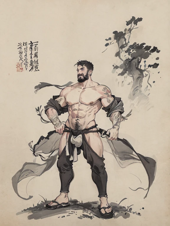 (Masterpiece, best quality: 1.2), traditional Chinese ink painting, naked male warrior standing, big penis expose, tattoo, muscular