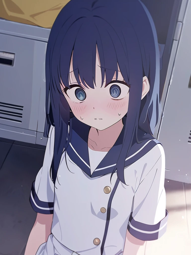 A girl wearing a uniform、In the locker room、Blue Hair、Small breasts、I was surprised to see what was inside the locker.、Expressionless and dead-eyed、Blushing