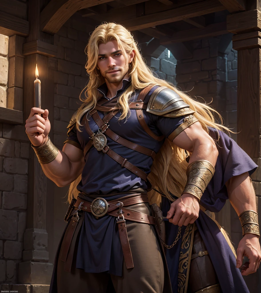 (((Solo character image.))) (((Generate a single character image.))) (((Dressed in medieval fantasy attire.))) (((18 years old.))) (((18yo.))) (((Dressed in medieval fantasy attire.))) (((Body of a male fitness model.))) Cute guy. Hot guy. (((Looks like Adonis.))) (((Dressed in medieval fantasy attire.))) (((Intense, sexy stare.))) (((Beautiful long sexy blond hair.))) (((Beefcake body.))) Looks like a fun-loving and heroic male adventurer for Dungeons & Dragons. Looks like a very attractive male adventurer for a high fantasy setting. Looks like a handsome and rugged male adventurer for Dungeons & Dragons. Looks like a handsome male for a medieval fantasy setting. Looks like a Dungeons & Dragons adventurer, very cool and masculine hair style, black clothing, handsome, charming smile, adventurer, athletic build, excellent physique, confident, gorgeous face, gorgeous body, detailed and intricate, fantasy setting,fantasy art, dungeons & dragons, fantasy adventurer, fantasy NPC, attractive male in his mid 20's, ultra detailed, epic masterpiece, ultra detailed, intricate details, digital art, unreal engine, 8k, ultra HD, centered image award winning, fantasy art concept, digital art, centered image, flirting with viewer, best quality:1.0,hyperealistic:1.0,photorealistic:1.0,madly detailed CG unity 8k wallpaper:1.0,masterpiece:1.3,madly detailed photo:1.2, hyper-realistic lifelike texture:1.4, picture-perfect:1.0,8k, HQ,best quality:1.0,, best quality:1.0,hyperealistic:1.0,photorealistic:1.0,madly detailed CG unity 8k wallpaper:1.0,masterpiece:1.3,madly detailed photo:1.2, hyper-realistic lifelike texture:1.4, picture-perfect:1.0,8k, HQ,best quality:1.0,