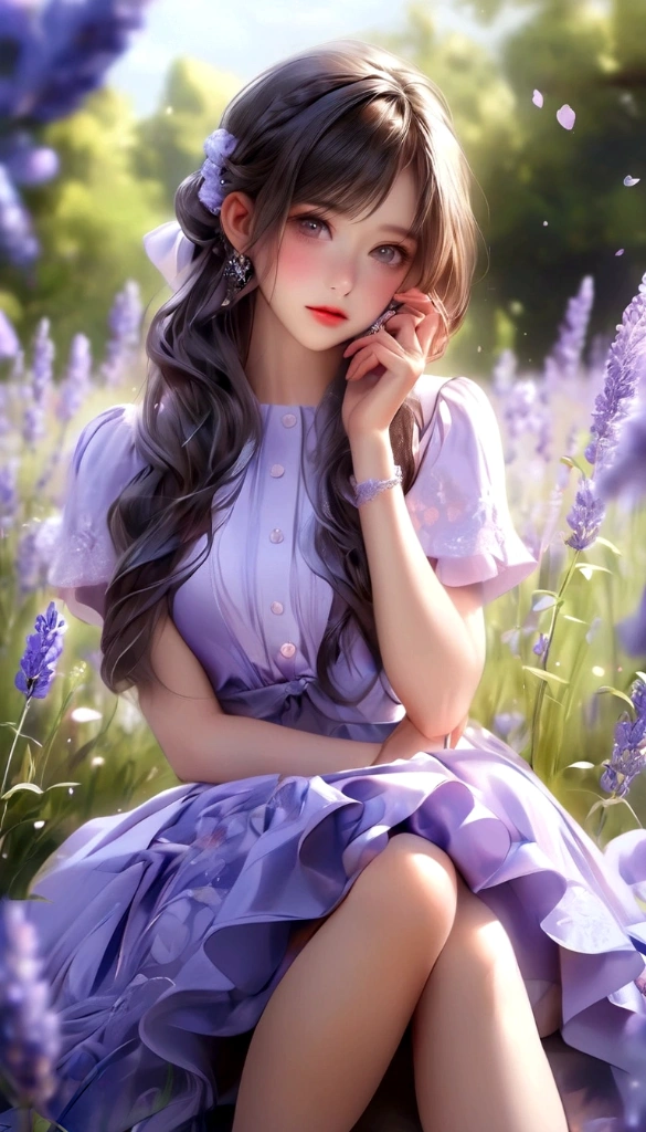 Close-up of a woman sitting in a lavender field, Beautiful Anime girl, Cute Anime Girl, Cute Anime Girl, sakimichan, Beautiful Anime portrait, Cute anime waifu in a nice dress, Beautiful Anime woman, Soft anime illustration, Beautiful Anime, Beautiful Anime style, Fantasy art style, Smooth anime CG art, Cute and detailed digital art, Cute digital art