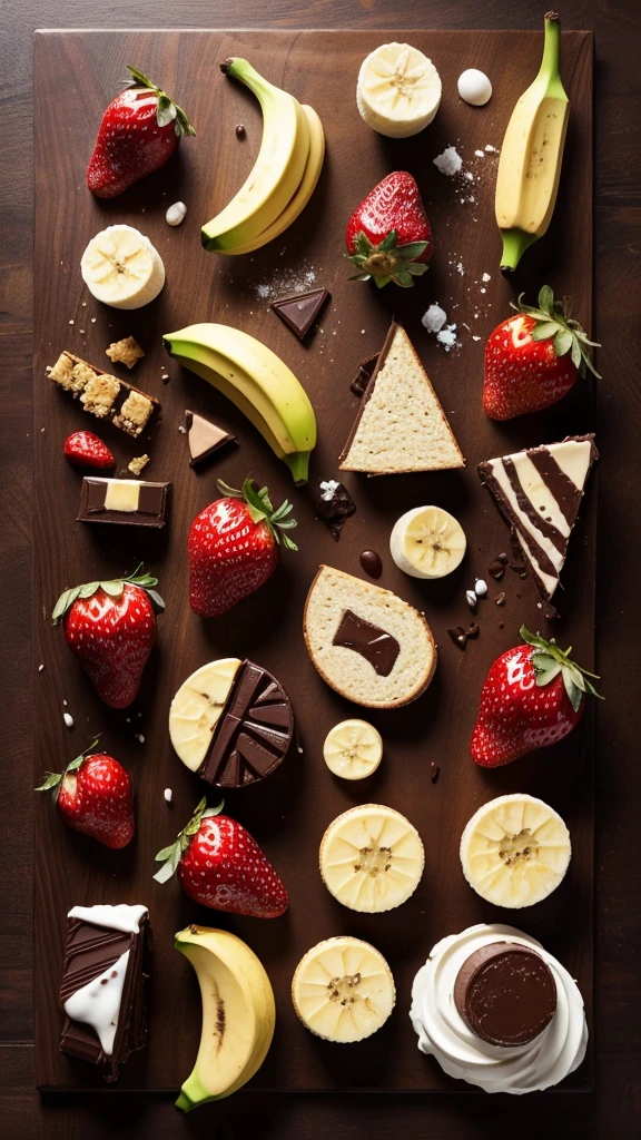 "Imagine a gallery of varied desserts: chocolate, strawberry, and banana, each more wonderful than the last. Picture these delights against a completely white background, ready to capture their details and textures perfectly. Describe each dessert in vivid detail, from the gleam of melting chocolate to the freshness of strawberries and the creaminess of banana. Envision how each would stand out as an edible work of art, ready to be saved and transformed into a PNG file, preserving all its visual beauty."