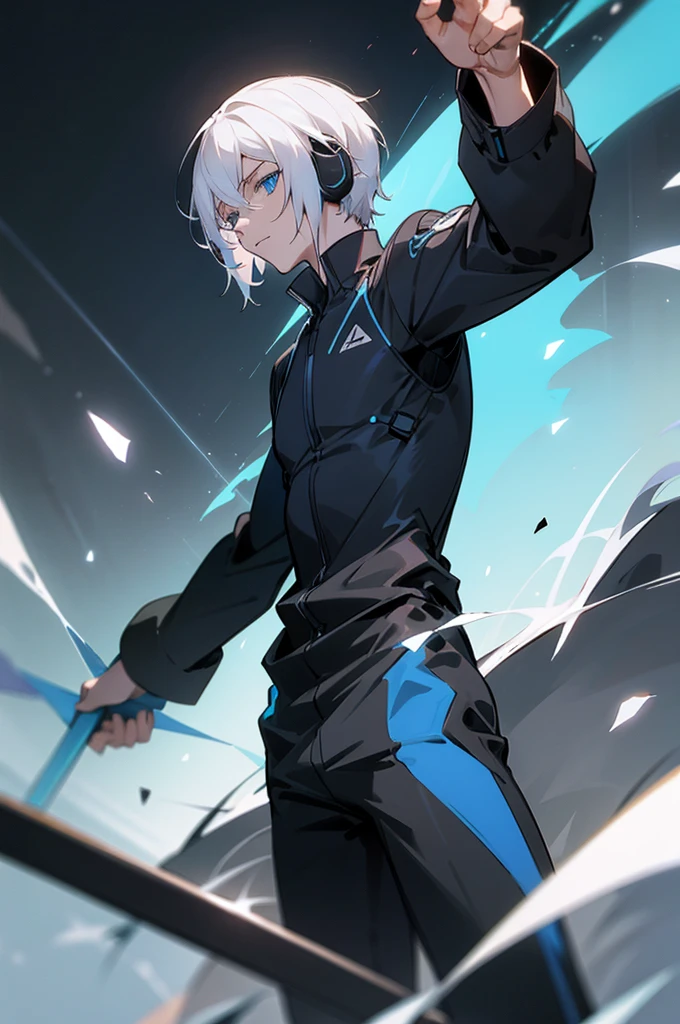 Young adult, Male, white hair, blue Eyes, Dark Skined, black jumpsuit, headphones, Trion Body, Armed.