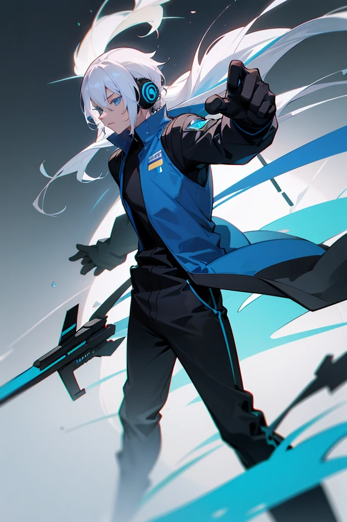 Young adult, Male, white hair, blue Eyes, Dark Skined, black jumpsuit, headphones, Trion Body, Armed.