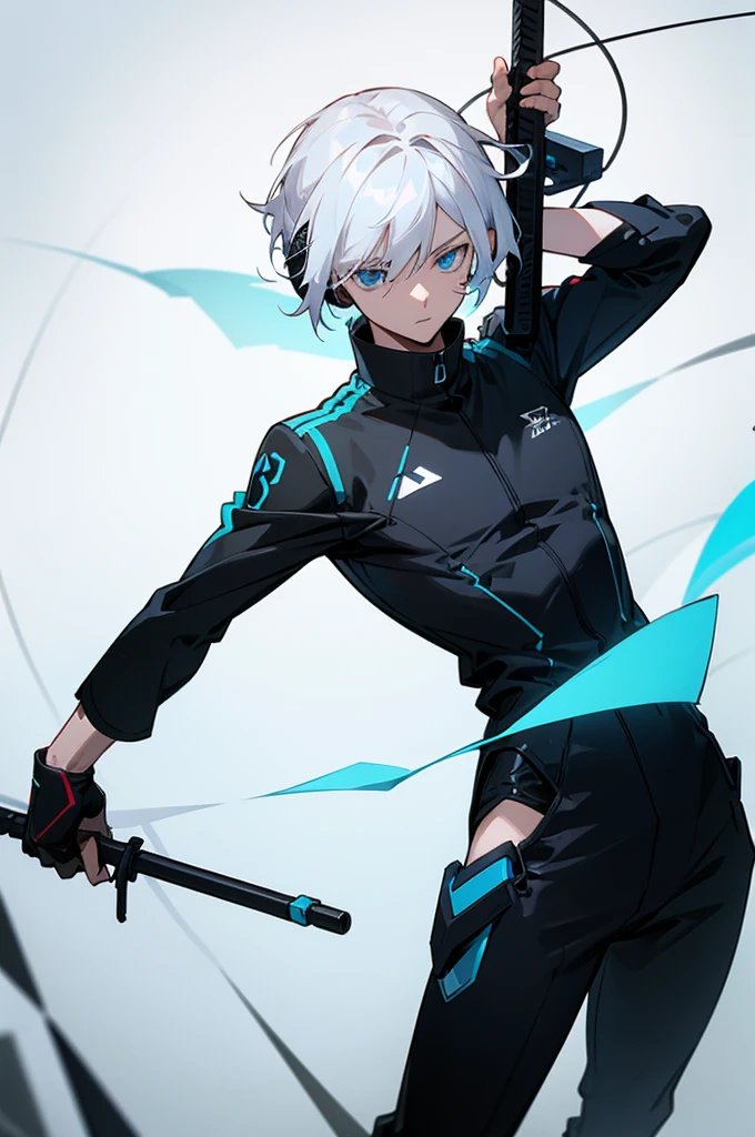 Young adult, Male, white hair, blue Eyes, Dark Skined, black jumpsuit, headphones, Trion Body, Armed.