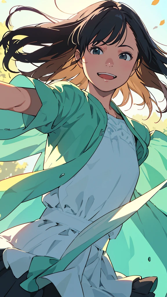 Reasonable design, Clear lines, High Sharpness, (highest quality,4k,Perfect sharpness,Ultra fine,High resolution,masterpiece:1.2), Perfect Anatomy:1.5, Official Art, Illustrations that tell a story, (Whitish background:0. 9）、Body Positivity、多Mr.な身体表現、（Random and energetic poses）、Perfect beauty、Perfect beautiful face、Strong winds、A rich expression、Dynamic composition、smile、Golden ratio composition、colorful、（(Mr.々Different angles and perspectives)）、Anime drawingini dress)、（Overcoming stereotypes）、 Glowing Skin、（Natural beauty）、smile、Bangs、（Soft and flowing hair）、（countryside）、（Nostalgic atmosphere）、Put up to your feet、（Playful and carefree）、（多Mr.な民族のキャラクター）、（innocent attitude）、（Sunny atmosphere）、(The skirt flutters wildly in the wind)、（Bright colors）、Beautiful Eyes、(Embarrassing)、Braided Hair、