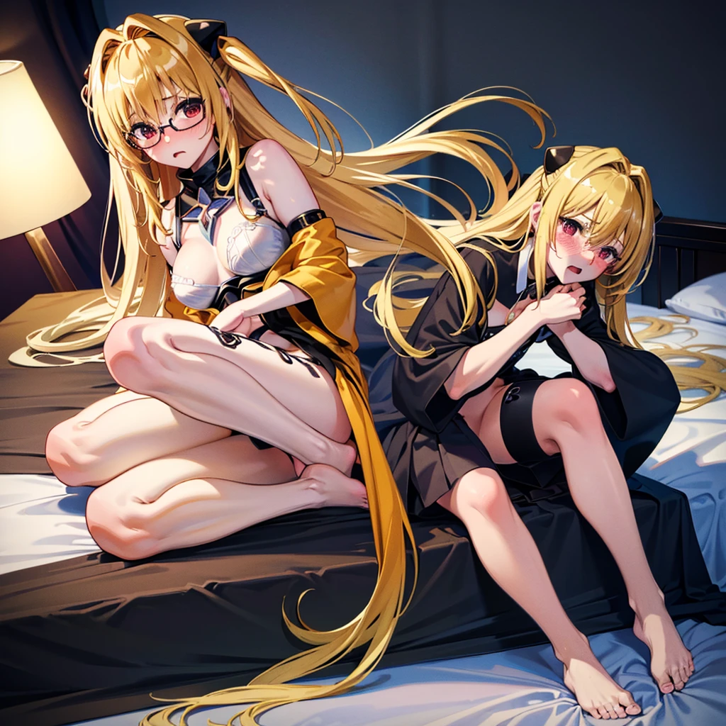 masterpiece, best quality, highres, aayami, very long hair, two side up, hair ornament,(glasses:1.1),small breasts,night,dark bedroom,sitting on bed,barefoot, bra, breasts, cleavage, navel, no pants, panties, thighs, underwear, wariza,(embarrassed, nose blush:1.3)