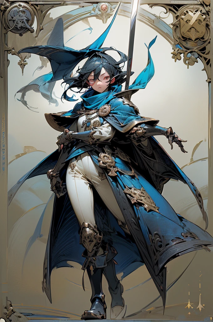 (Mastepiece, 最high qualityの, Top quality, Detailed and complex, Official Art, Beautiful and aesthetic:1.3), (One girl:1.3), 長いBlack Hair, Beautiful Japanese Face, Big eyes, ((The pupil of the right eye has a blue dragon emblem)), The left eye is black, ((Blue Cape)), ((Blue scarf)), ((On his left hand ((On his left handは稲妻の力を持つ短剣があります.)) , ((Right Arm Wind Gauntlet)), White Shirt, Thighs, ((Boots for flying with feet)), Black hair, Hair that falls over the shoulders, Mismatched pupils, inconsistent strong film, Iconic pupils, Surrealism, Character Chart, Reference Sheet, Sword painting, Nicker, Mastepiece, ((Blue Cape)), ((Blue scarf)) Anatomically correct, Textured skin, High detail, Awards, Best Quality, It is high resolution., hard disk, high quality