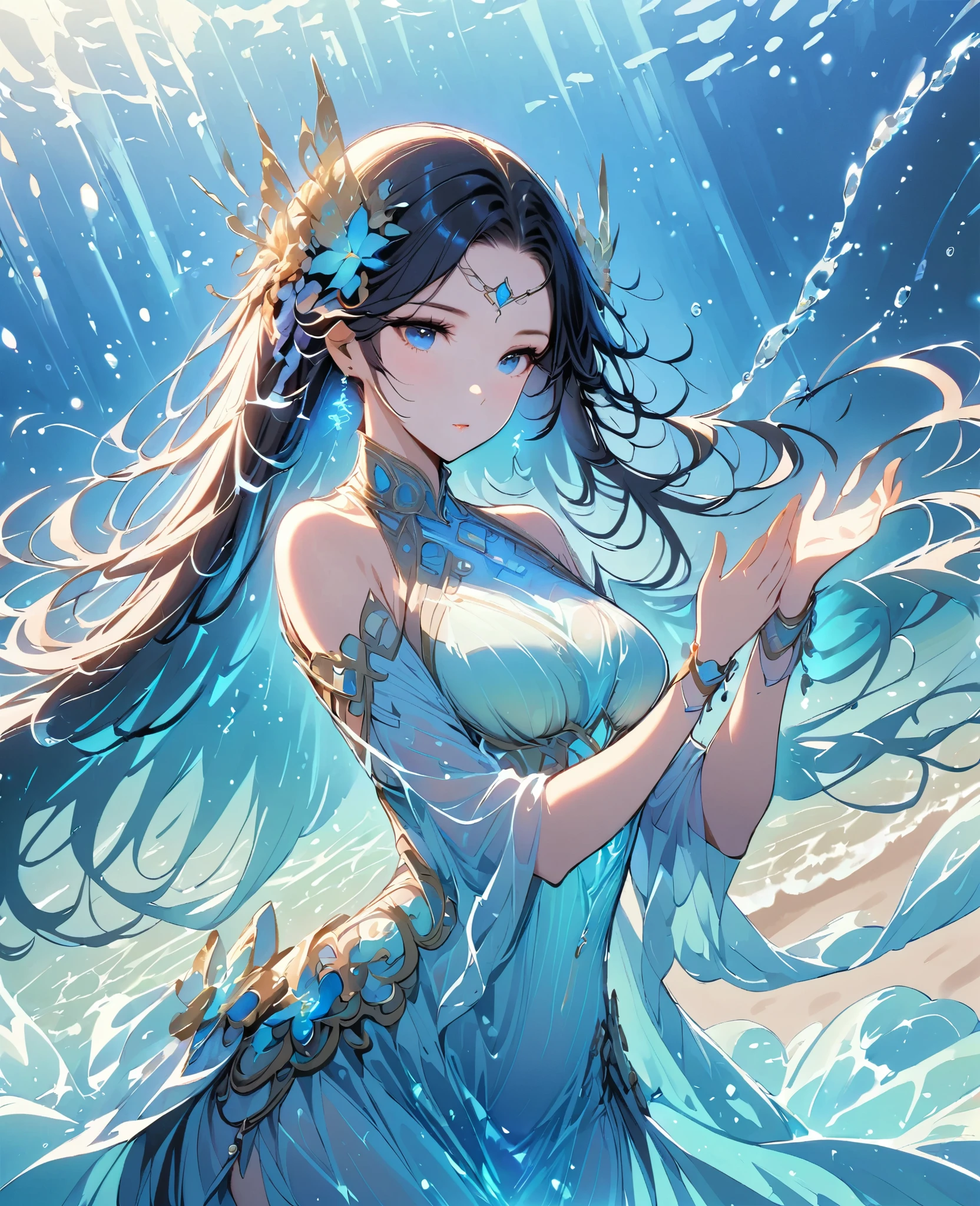 1girl, medium shot, water, underwater or on beach setting, Aquascend element representing shimmering water, foamy waves and blurred background. The girl's hair should resemble seaweed or ocean currents. Her clothes should be flowing and reminiscent of sea foam. The pose should be dynamic, with arms flowing like seaweed and hair and dress flowing around her. Show the flowing water and blurred background to emphasize the Aquascend element. Her skin should have a subtle shimmer to represent the reflective quality of water. Her face should be serene and peaceful, as if singing a melody that can awaken the depths of the ocean.