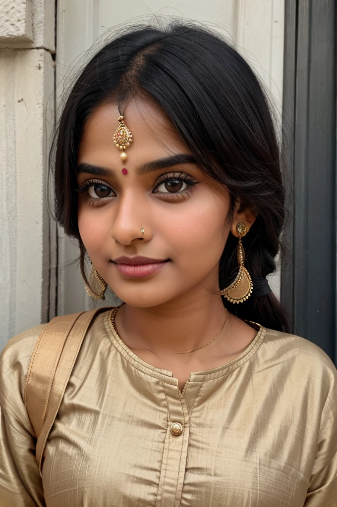 Indian girl in new York Street oval face shape, almond eye little dark tone wearing Punjabi traditional dress 