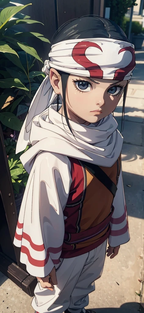Detailed face Looking at viewer emotionless eyess emotionless expressionless Beautiful kid face quality clothing Extremely beautiful cute kid 7ar old kid kid body extremely detailed clothing expensive cowl bandana on forehead profile image full body image style beautiful kid face side view ultra cute face kid beautiful kid kid like face 1080 16k very_high_resolution