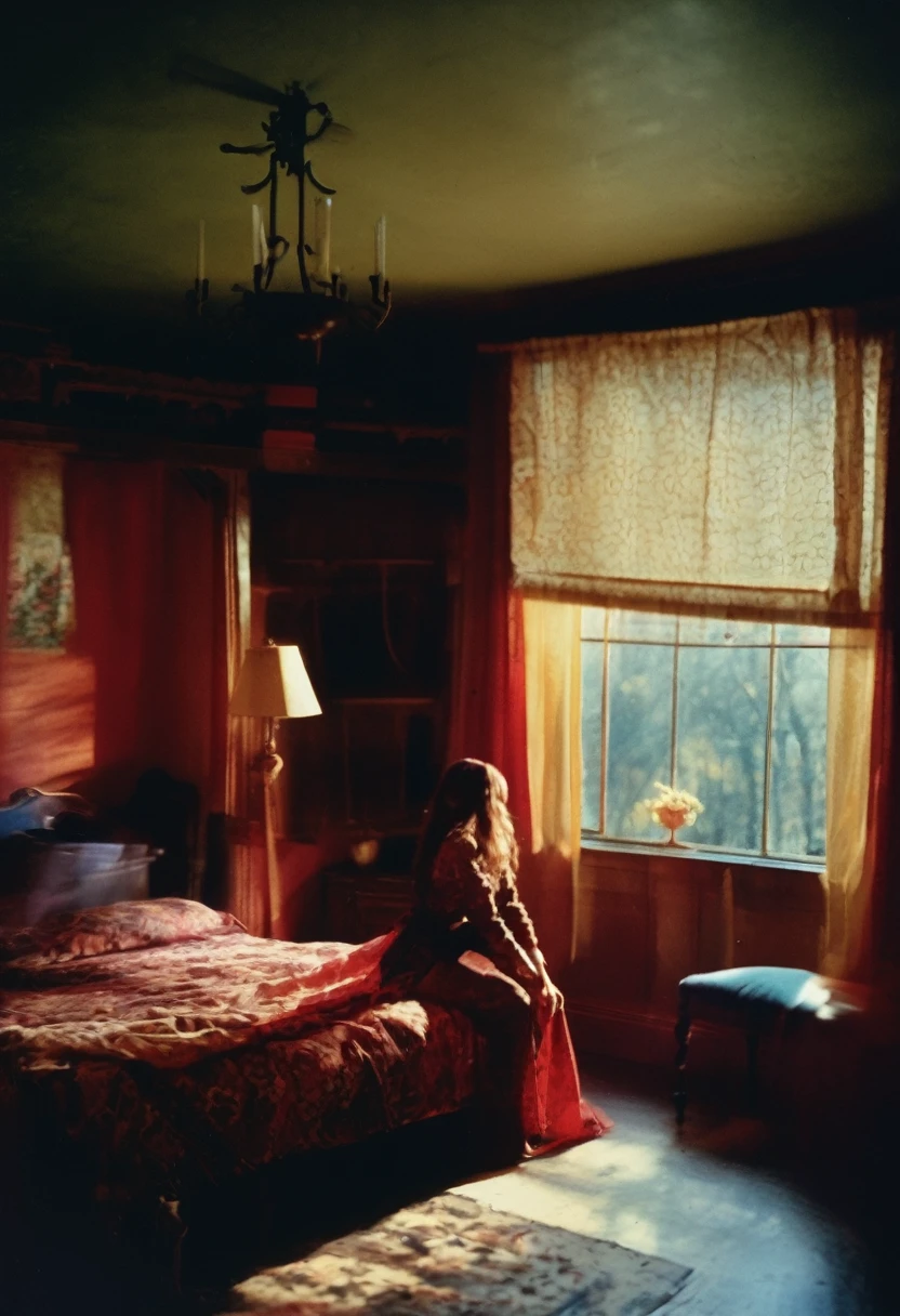 Vintage out of focus photography with motion blur, a blue long haired woman wearing glasses and red jeans, rtx on, i can't believe how beautiful this is, red and amber, tits, bi tits, nipples, the most giant tits ever, A psychotic, mentally ill, in a psychiatric hospital, doble exposition with a eerie silluethe, dark bedroom, roaring 1650's style, grainy color film, dim light, multi exposure, chiaroscuro, Saul Leiter and david hamilton style art photography