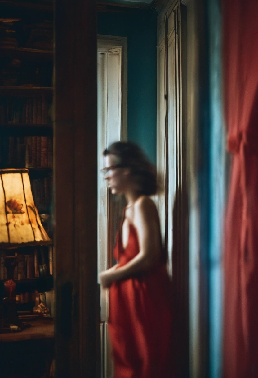 Vintage out of focus photography with motion blur, a blue long haired woman wearing glasses and red jeans, rtx on, i can't believe how beautiful this is, red and amber, tits, bi tits, nipples, the most giant tits ever, A psychotic, mentally ill, in a psychiatric hospital, doble exposition with a eerie silluethe, dark bedroom, roaring 1650's style, grainy color film, dim light, multi exposure, chiaroscuro, Saul Leiter and david hamilton style art photography